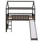 Twin House Loft Bed with Slide, Wood Playhouse Loft Bed Frame with Ladder and Roof