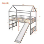 Twin House Loft Bed with Slide, Wood Playhouse Loft Bed Frame with Ladder and Roof