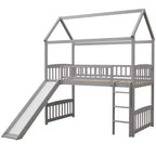 Twin House Loft Bed with Slide, Wood Playhouse Loft Bed Frame with Ladder and Roof