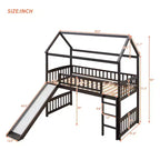 Twin House Loft Bed with Slide, Wood Playhouse Loft Bed Frame with Ladder and Roof