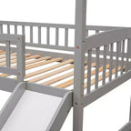 Twin House Loft Bed with Slide, Wood Playhouse Loft Bed Frame with Ladder and Roof