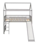 Twin House Loft Bed with Slide, Wood Playhouse Loft Bed Frame with Ladder and Roof