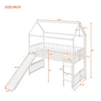 Twin House Loft Bed with Slide, Wood Playhouse Loft Bed Frame with Ladder and Roof