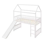Twin House Loft Bed with Slide, Wood Playhouse Loft Bed Frame with Ladder and Roof