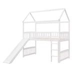Twin House Loft Bed with Slide, Wood Playhouse Loft Bed Frame with Ladder and Roof