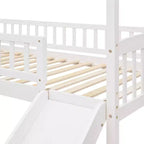 Twin House Loft Bed with Slide, Wood Playhouse Loft Bed Frame with Ladder and Roof