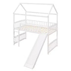 Twin House Loft Bed with Slide, Wood Playhouse Loft Bed Frame with Ladder and Roof