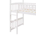 Twin House Loft Bed with Slide, Wood Playhouse Loft Bed Frame with Ladder and Roof