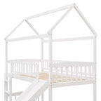 Twin House Loft Bed with Slide, Wood Playhouse Loft Bed Frame with Ladder and Roof
