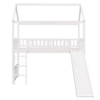 Twin House Loft Bed with Slide, Wood Playhouse Loft Bed Frame with Ladder and Roof