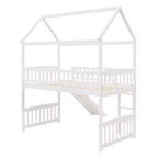 Twin House Loft Bed with Slide, Wood Playhouse Loft Bed Frame with Ladder and Roof