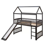 Twin House Loft Bed with Slide, Wood Playhouse Loft Bed Frame with Ladder and Roof