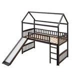 Twin House Loft Bed with Slide, Wood Playhouse Loft Bed Frame with Ladder and Roof