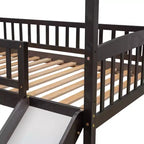 Twin House Loft Bed with Slide, Wood Playhouse Loft Bed Frame with Ladder and Roof