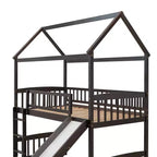 Twin House Loft Bed with Slide, Wood Playhouse Loft Bed Frame with Ladder and Roof