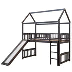 Twin House Loft Bed with Slide, Wood Playhouse Loft Bed Frame with Ladder and Roof