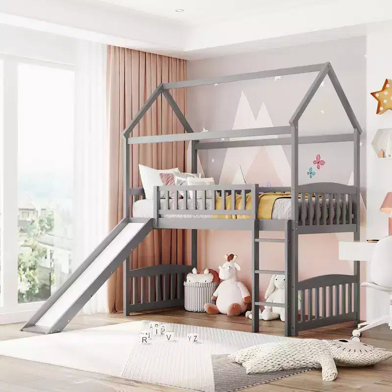 Twin House Loft Bed with Slide, Wood Playhouse Loft Bed Frame with Ladder and Roof