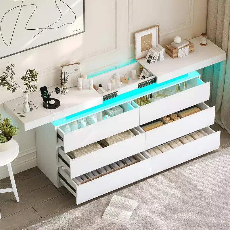 Dyonery Modern 6-Drawer Dressing Table with Sliding Top, Featuring Drawers, Organizer for Bedroom, Closet, and Living Room