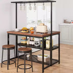 Coolmee 42/47 inch Kitchen Island with Storage & Seating - 3-Tier Bakers Rack, Microwave Stand, Dining Table for 4, 5 Hooks & 50lb Capacity