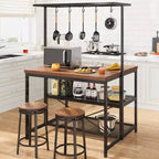 Coolmee 42/47 inch Kitchen Island with Storage & Seating - 3-Tier Bakers Rack, Microwave Stand, Dining Table for 4, 5 Hooks & 50lb Capacity