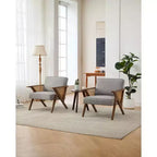 Mid-Century Rattan Lounge Chair, Linen Upholstered Vintage Armchair with So-Lid Wood Frame for Living Room/Bedroom, 286LB Capacity, Beige/Gray(1 PCS)