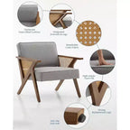 Mid-Century Rattan Lounge Chair, Linen Upholstered Vintage Armchair with So-Lid Wood Frame for Living Room/Bedroom, 286LB Capacity, Beige/Gray(1 PCS)