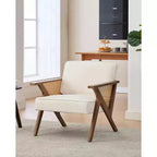 Mid-Century Rattan Lounge Chair, Linen Upholstered Vintage Armchair with So-Lid Wood Frame for Living Room/Bedroom, 286LB Capacity, Beige/Gray(1 PCS)