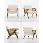 Mid-Century Rattan Lounge Chair, Linen Upholstered Vintage Armchair with So-Lid Wood Frame for Living Room/Bedroom, 286LB Capacity, Beige/Gray(1 PCS)