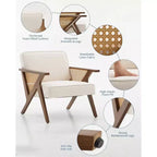 Mid-Century Rattan Lounge Chair, Linen Upholstered Vintage Armchair with So-Lid Wood Frame for Living Room/Bedroom, 286LB Capacity, Beige/Gray(1 PCS)