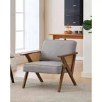 Mid-Century Rattan Lounge Chair, Linen Upholstered Vintage Armchair with So-Lid Wood Frame for Living Room/Bedroom, 286LB Capacity, Beige/Gray(1 PCS)