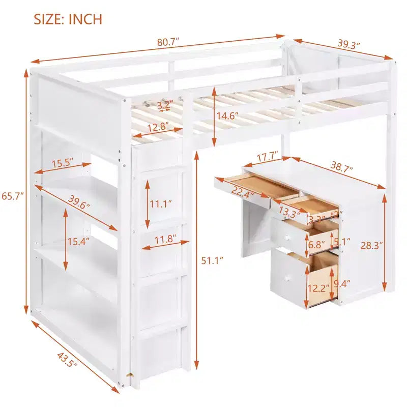 Loft Bed with Desk and 4 Storage Drawers & 3 Shelves, High Loft Bedwith L-Shaped Desk for Kids Teens Adults