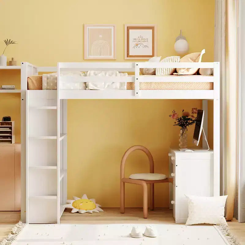 Loft Bed with Desk and 4 Storage Drawers & 3 Shelves, High Loft Bedwith L-Shaped Desk for Kids Teens Adults