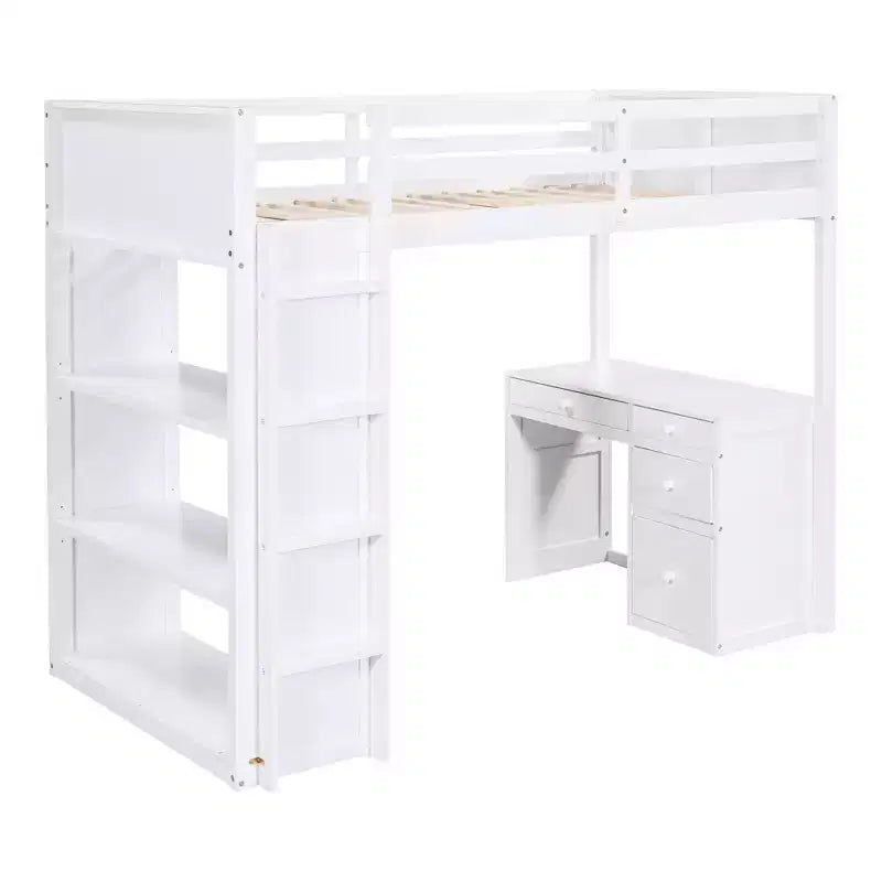 Loft Bed with Desk and 4 Storage Drawers & 3 Shelves, High Loft Bedwith L-Shaped Desk for Kids Teens Adults
