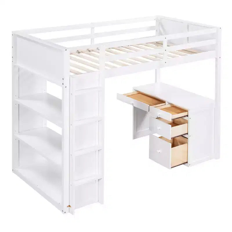 Loft Bed with Desk and 4 Storage Drawers & 3 Shelves, High Loft Bedwith L-Shaped Desk for Kids Teens Adults