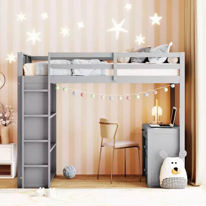 Loft Bed with Desk and 4 Storage Drawers & 3 Shelves, High Loft Bedwith L-Shaped Desk for Kids Teens Adults
