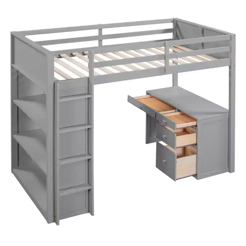 Loft Bed with Desk and 4 Storage Drawers & 3 Shelves, High Loft Bedwith L-Shaped Desk for Kids Teens Adults