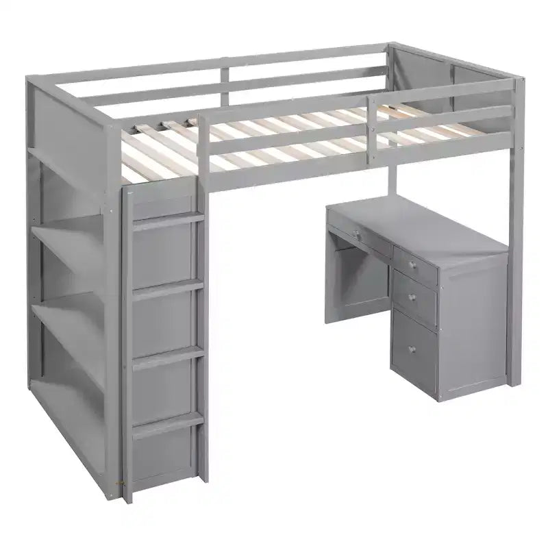 Loft Bed with Desk and 4 Storage Drawers & 3 Shelves, High Loft Bedwith L-Shaped Desk for Kids Teens Adults