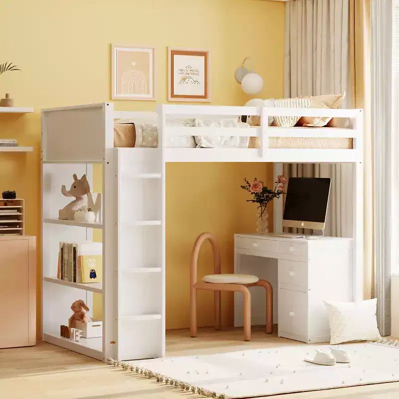 Loft Bed with Desk and 4 Storage Drawers & 3 Shelves, High Loft Bedwith L-Shaped Desk for Kids Teens Adults