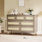 7 Drawer Dresser for Bedroom, Rattan 47'' Wide Chest of Drawers, Wooden Storage Dressers Organizer, Media Console Table for Living Room Hallway