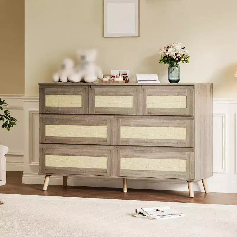 7 Drawer Dresser for Bedroom, Rattan 47'' Wide Chest of Drawers, Wooden Storage Dressers Organizer, Media Console Table for Living Room Hallway