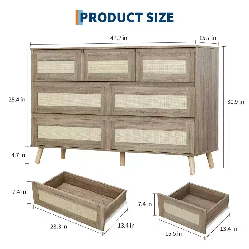 7 Drawer Dresser for Bedroom, Rattan 47'' Wide Chest of Drawers, Wooden Storage Dressers Organizer, Media Console Table for Living Room Hallway