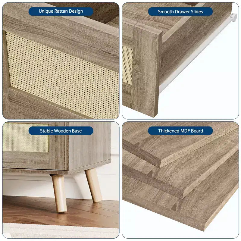 7 Drawer Dresser for Bedroom, Rattan 47'' Wide Chest of Drawers, Wooden Storage Dressers Organizer, Media Console Table for Living Room Hallway