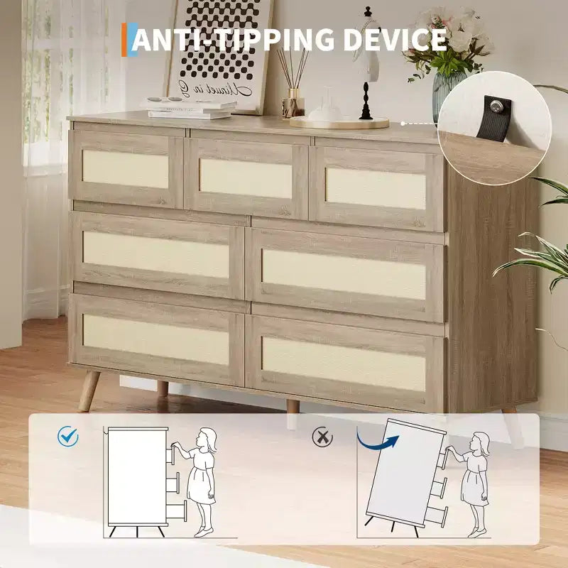 7 Drawer Dresser for Bedroom, Rattan 47'' Wide Chest of Drawers, Wooden Storage Dressers Organizer, Media Console Table for Living Room Hallway