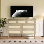7 Drawer Dresser for Bedroom, Rattan 47'' Wide Chest of Drawers, Wooden Storage Dressers Organizer, Media Console Table for Living Room Hallway