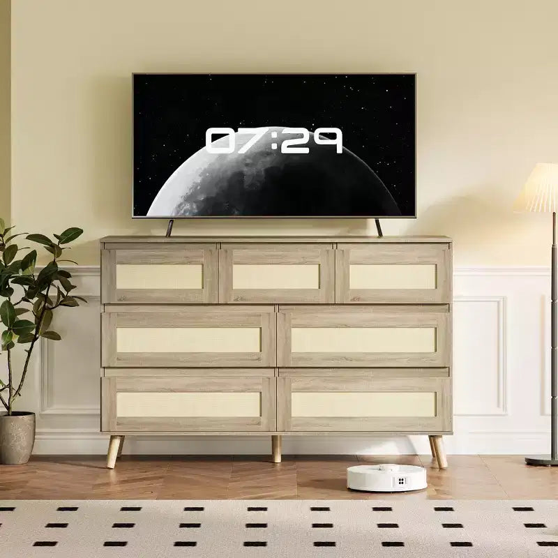 7 Drawer Dresser for Bedroom, Rattan 47'' Wide Chest of Drawers, Wooden Storage Dressers Organizer, Media Console Table for Living Room Hallway