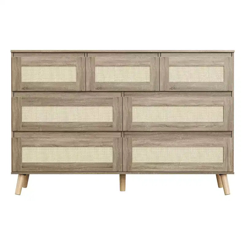 7 Drawer Dresser for Bedroom, Rattan 47'' Wide Chest of Drawers, Wooden Storage Dressers Organizer, Media Console Table for Living Room Hallway