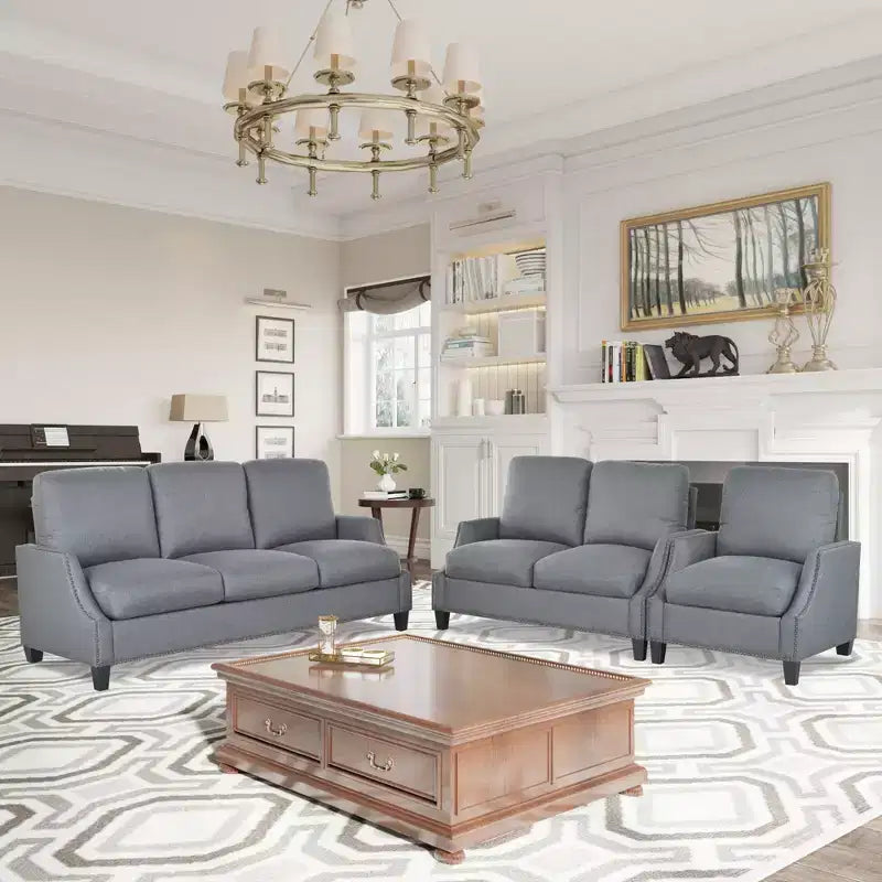 GDFStudio Cordoba Modern 3 Piece Upholstered Sofa Set with Nailhead Trim