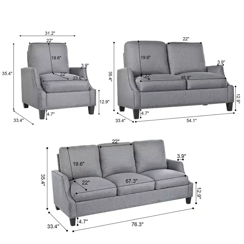 GDFStudio Cordoba Modern 3 Piece Upholstered Sofa Set with Nailhead Trim