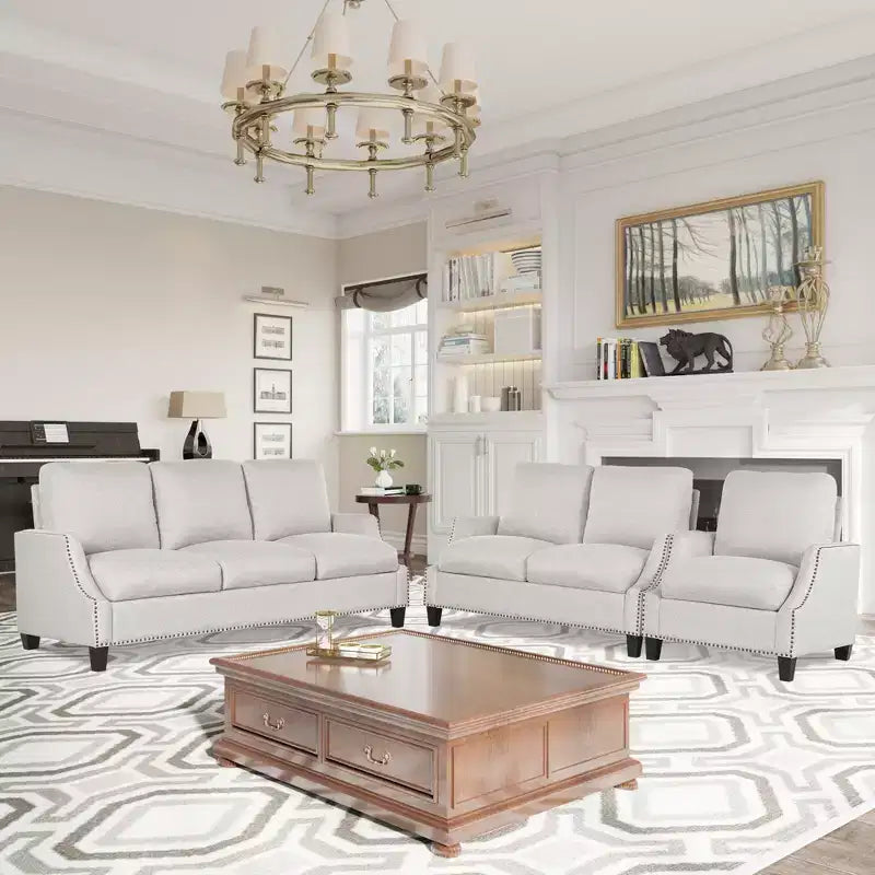 GDFStudio Cordoba Modern 3 Piece Upholstered Sofa Set with Nailhead Trim