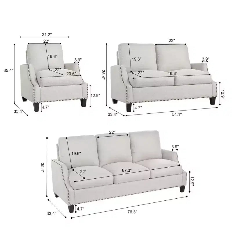 GDFStudio Cordoba Modern 3 Piece Upholstered Sofa Set with Nailhead Trim